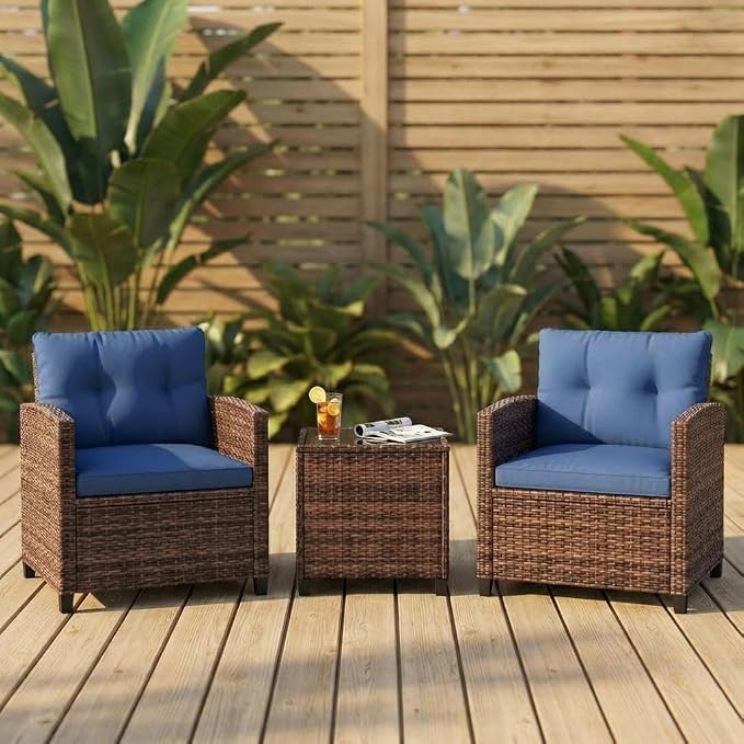 IDEALHOUSE 3 Piece Outside Patio Furniture Set, Outdoor Wicker Chair Conversation Set with Glass Coffee Table, PE Rattan Patio Furniture for Backyard, Porch, Patio, Poolside