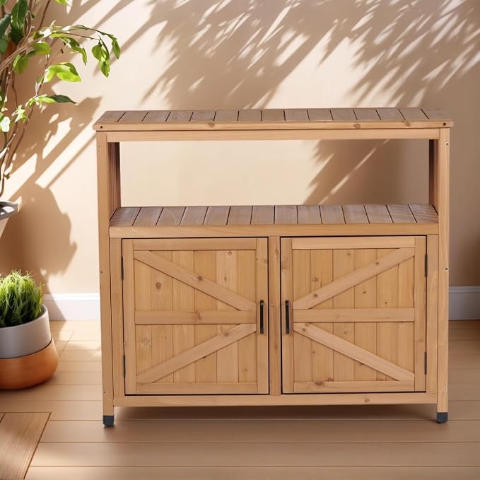 Outdoor Storage Cabinet, Patio Cabinet, Solid Wood Outdoor Console Table, Light Brown Slatted Fir Wood Outdoor Buffet Table, Serving Station, Bar Counter, 220 lb Capacity