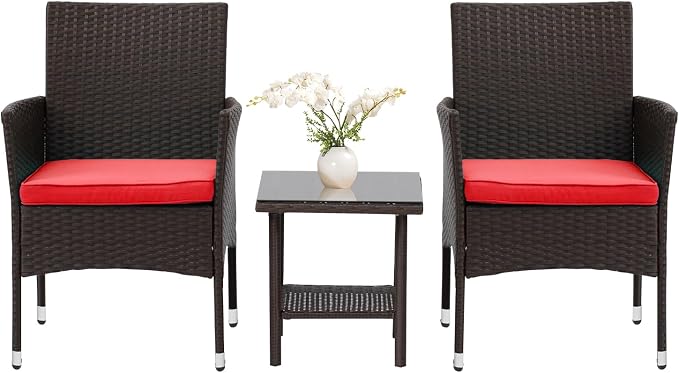 PayLessHere Set of 3 Outdoor Furniture Set Patio Furniture Set Brown Conversation Set with 2 Rattan Chairs Glass Coffee Table for Coffee Bar Poolside Patio Outdoor, Red Cushions