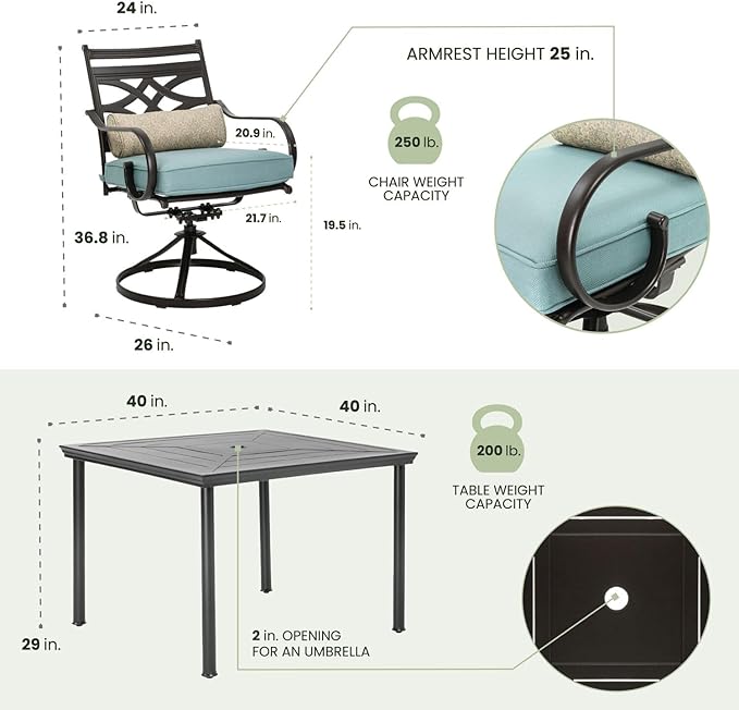 Hanover Montclair 5-Piece Outdoor Dining Set with Stamped Steel Square Dining Table and 4 Swivel Rocker Chairs with Cushions, Weather-Resistant Patio Dining Set for 4, Patio, Backyard, Deck