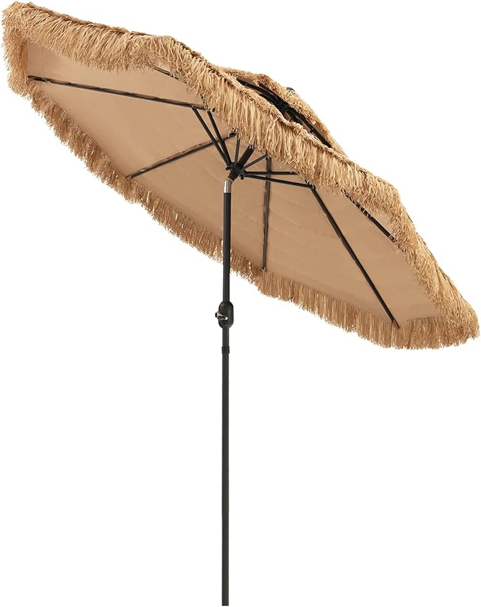 Tangkula 9 ft Thatched Patio Umbrella, 2 Tier Hawaiian Style PE Grass Beach Umbrella with 8 Ribs, Tilt Adjustment, Manual Crank, Tiki Umbrella for Backyard, Poolside, Deck