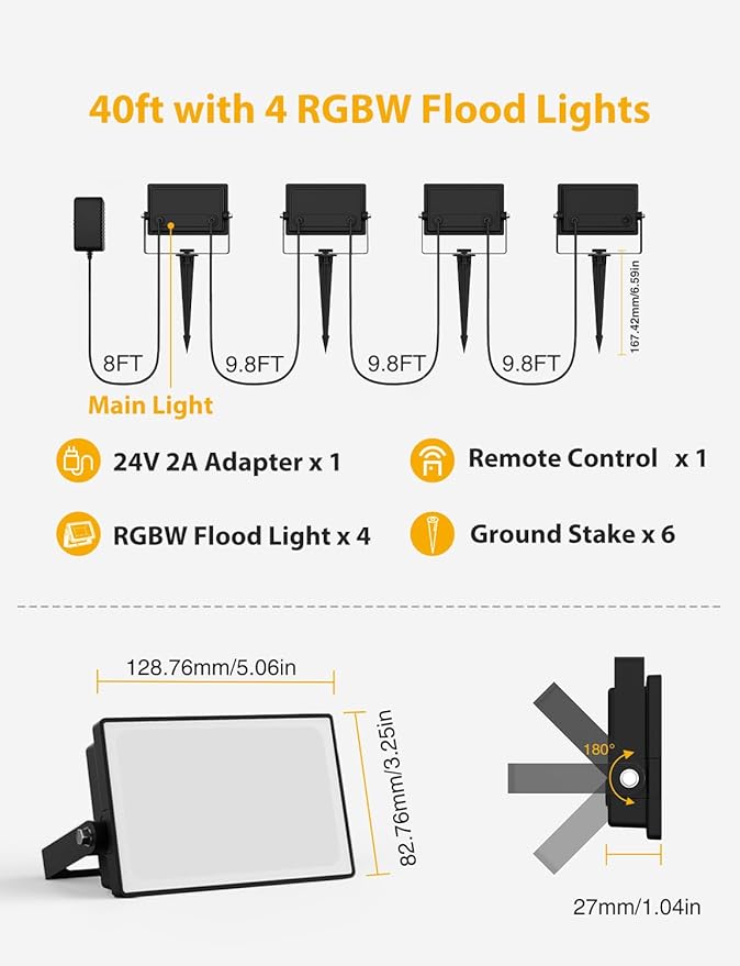 Onforu RGBW Flood Lights Outdoor with Remote, Color Changing LED Landscape Lights, IP65 Waterproof Uplights for Events, Uplighting for Halloween Christmas Garden Yard Party, Wired 4 Pack