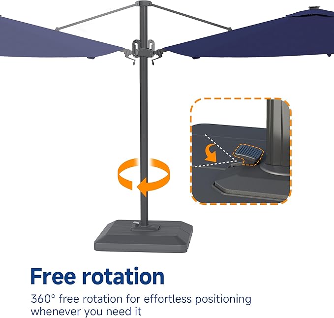 FLAME&SHADE 11ft Cantilever Patio Umbrella with Base, Round Offset Umbrella with Solar Light Strips, Large Heavy Duty Outdoor Aluminum 360° Rotation,for Deck,Pool,Backyard