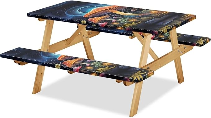 Mushroom Picnic Table Cover with Bench Covers Foldable Camping Table Covers for 6 Foot Tables 3 Pcs Picnic Table Bench Covers Camping Essentials for Camper, 94x30 Inches