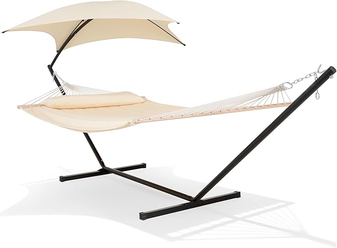 SUNCREAT Portable Outdoor Hammock with Stand, Sun-Protective Canopy, Double Hammock with Stand for Outside, Patent Pending, Beige