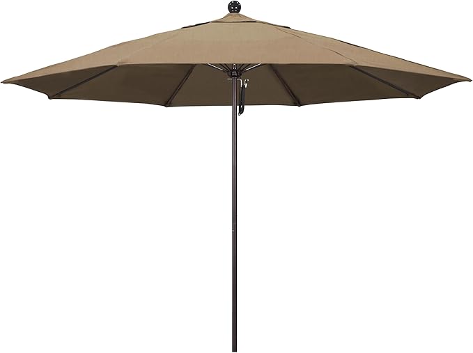 California Umbrella 11Ft Commercial Grade Sunbrella Fabric Market Umbrella, Pulley Lift, Aluminum/Fiberglass, 2mm pole wall, Bronze Frame, Heather Beige Fabric
