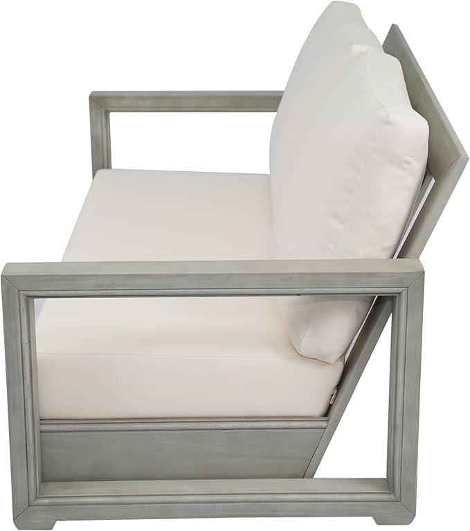 Christopher Knight Home Rammus 2 Pieces Outdoor Conversation Set, Acacia Wood Chat Set, Rectangular Coffee Table and Patio Loveseat Sofa, Slat Design Patio Furniture Set for Garden, Beige + Light Grey
