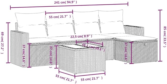 vidaXL Patio Sofa Set with Cushions 6 Piece, Outdoor Conversation Set, Sectional Sofa for Balcony Garden, Modern Style, Gray Poly Rattan