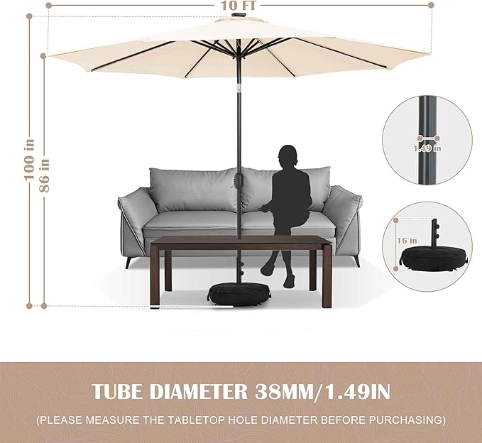 Sundale Outdoor Solar 88 LED 10 ft Patio Umbrella with Sand Bag Umbrella Base, Outdoor Umbrella with Tilt and Crank, Beige