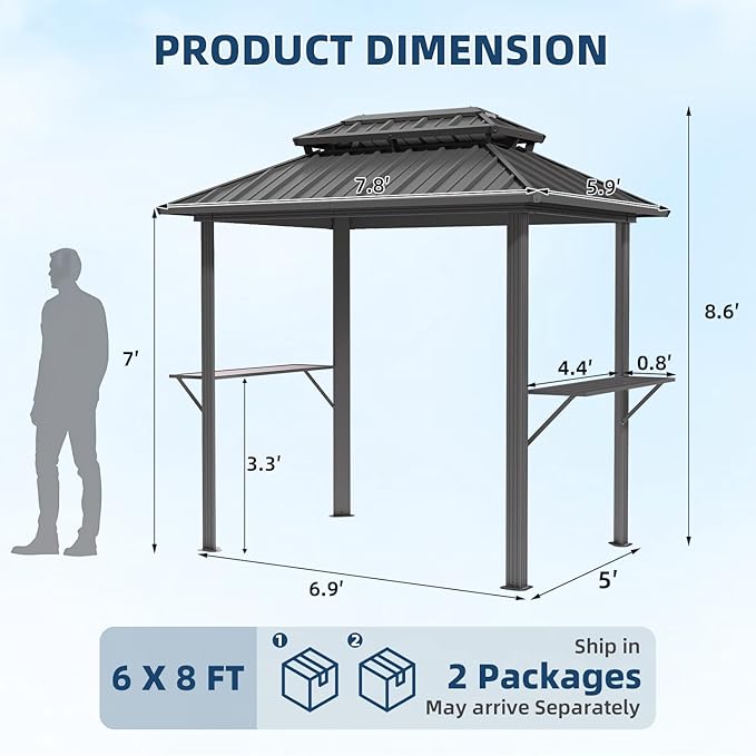 EROMMY 8' x 6' Hardtop Grill Gazebo with Galvanized Steel Double Roof, Outdoor Metal Patio BBQ Gazebo with 2 Side Shelves and Ceiling Hook for Deck Lawn Backyard Garden (Black)