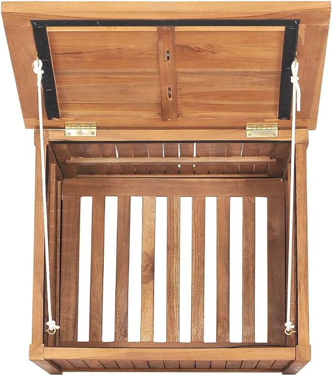 Wooden Garden Patio Storage Box with Stitched PE Bag, Deck Storage Container Box for Patio Cushions and Gardening Tools, 23.6"x19.7"x22.8" Solid Teak Wood -AA