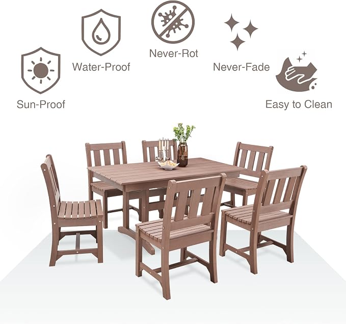 Psilvam Outdoor Dining Table, 6-Person Poly Lumber Patio Table, Weather Resistant Outdoor Table that Never Rust, Suitable for Garden & Backyard, Net Weight 90 LBs (59" D x 31 1/2" W x30 H, Brown)