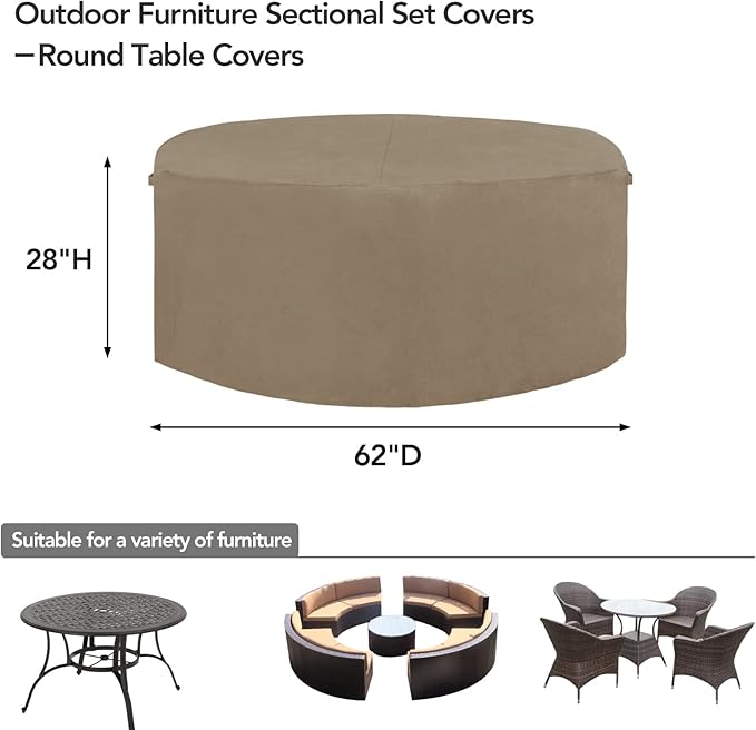 Easy-Going 600D Heavy Duty Round Patio Furniture Cover, Outdoor Table and Chair Set Cover, Waterproof Outdoor Sectional Furniture Set Cover (62" DIAx 28" H, Camel)