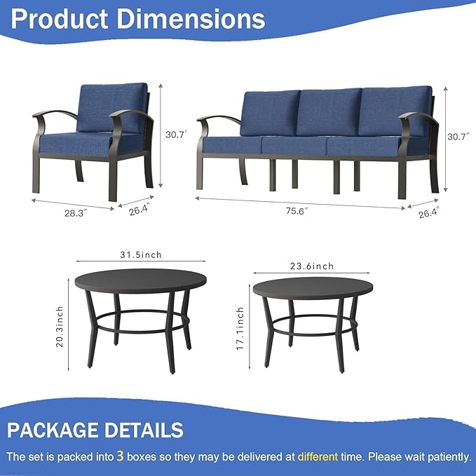 Aluminum Patio Furniture Set with 2 Round Coffee Tables, 5 Seats Outdoor Patio Conversation Sets w/5.1" Cushions,Patio Conversation Sets for Garden, Backyard, Porch-Navy