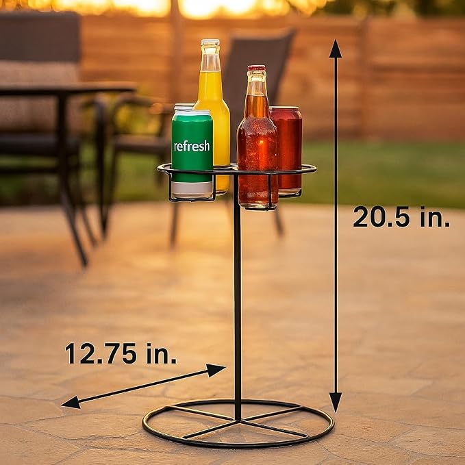 SkyMall Outdoor Beverage Table – Black Metal Drink Holder with 4 Cup Slots – Indoor/Outdoor Drink Stand for Patio, Lawn, Garden, or Picnic – Compact & Portable Beverage Rack – 20.5” High