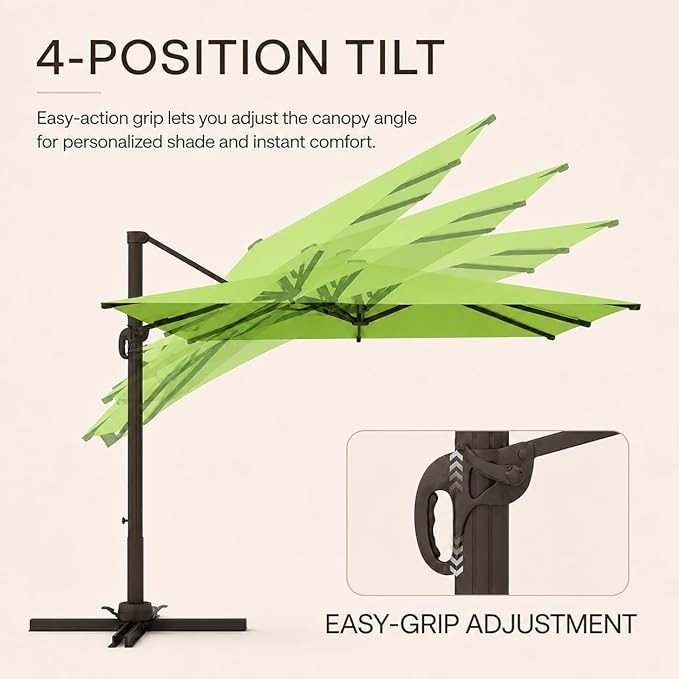 Kingdura 10' X 10' Cantilever Patio Umbrella with Base Included, Large Square Aluminum Outdoor Offset Umbrella with 360-degree Rotation, 4 Position Tilt, UV Protection for Pool Deck Garden Patio (Apple green)