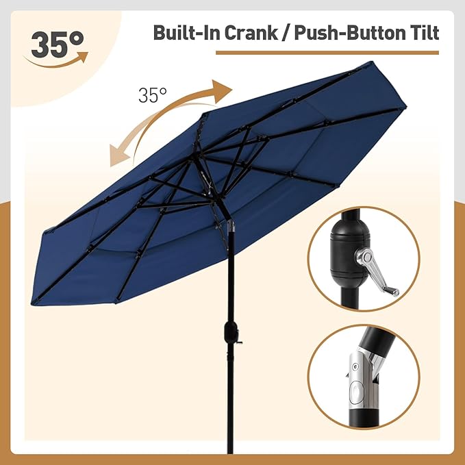 COSIEST 9FT 3 Tiers LED Patio Umbrella, Outdoor Umbrella with Solar LED Lights, Market Patio Table Umbrellas with 8 Sturdy Ribs, Pool Umbrella for Garden, Pool, Backyard, Navy Blue
