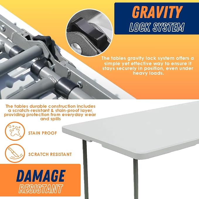 Folding Table Indoor Outdoor Heavy Duty Portable Folding Plastic Dining Table w/Handle, Lock for Picnic, Party, Camping - White (4ft, 6ft, 8ft) (4ft)