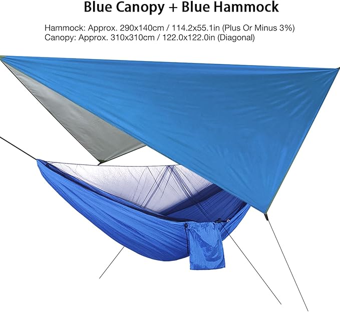 Portable Hammock with Net, Integrated Hanging Hammock for Outdoor Camping Traveling, Canopy to Wind Rain, Sturdy Nylon Fabric Polyester Material, Supports Up to (Blue Sky with Blue Hammock)