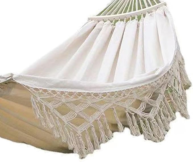 Backyard Hammock with Tassels, Outdoor Garden Hanging Hammock, 500lb Load Bearing, Single Double with Hanging Ropes - Lightweight Foldable Design, Comfortable Breathable Fabric, (White)