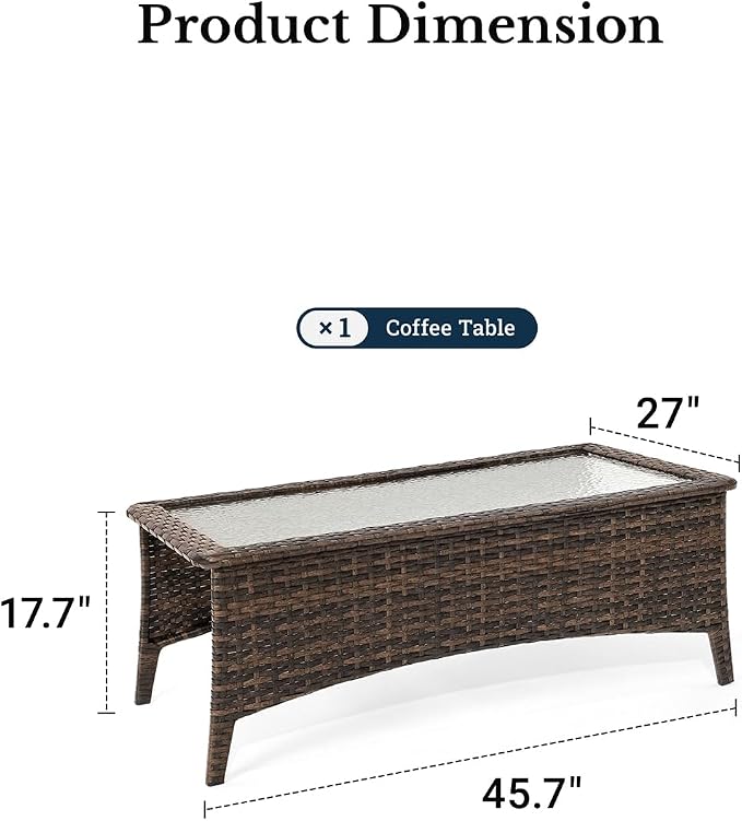 HILLGA Luxury Outdoor Coffee Table with Tempered Glass Top, Brown Wicker Patio Table, Ideal for Garden, Deck, and Yard