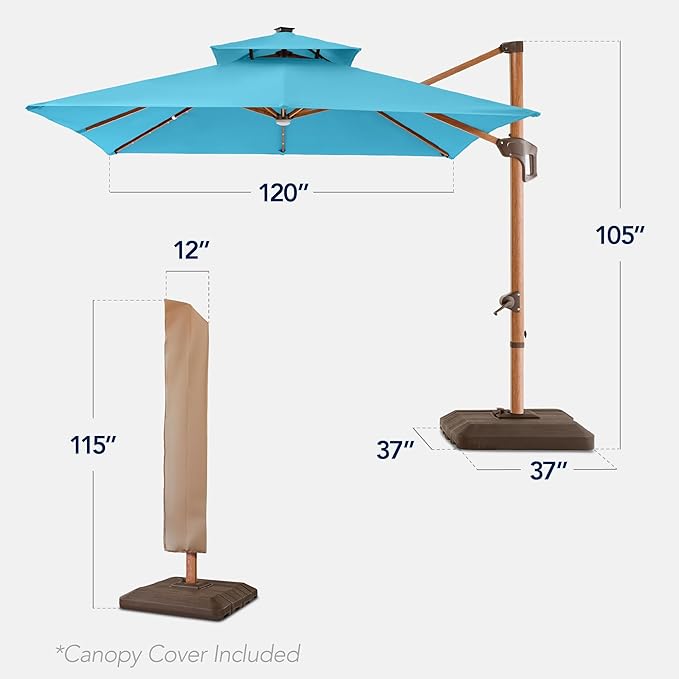 Best Choice Products 10ft Square Cantilever Patio Umbrella w/Base Included, Woodgrain Pattern Pole & Solar LED Lights, 360-Rotation, Offset Hanging Outdoor Shade