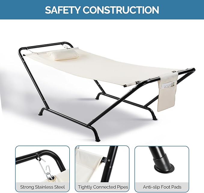 Hammock with Stand, Heavy Duty Hammock with Soft Pillow, Freestanding Outdoor Hammocks Bed for Outside Backyard, Camping, Garden, Yard, Patio, 330 lbs Weight Capacity (Beige)