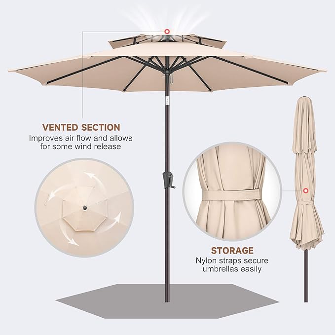 9FT Outdoor Patio Umbrella - 2 Tiers Table Umbrella Waterproof UV Protection, Sombrillas de Patio with Push Button Tilt, Sun Umbrella for Pool, Porch, Garden, Backyard (Beige)