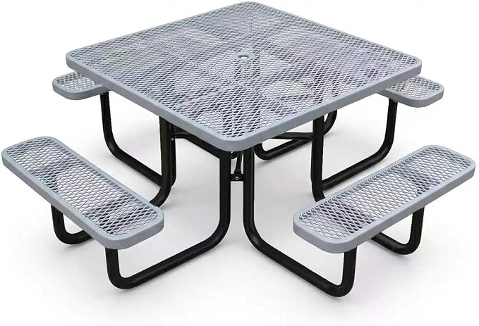 46-Inch Square Metal Outdoor Picnic Table – Commercial Heavy-Duty Steel Dining Table with Thermoplastic Coating, Weather & Rust Resistant, Ideal for Patio, Outside, Garden, Schools (Gray)