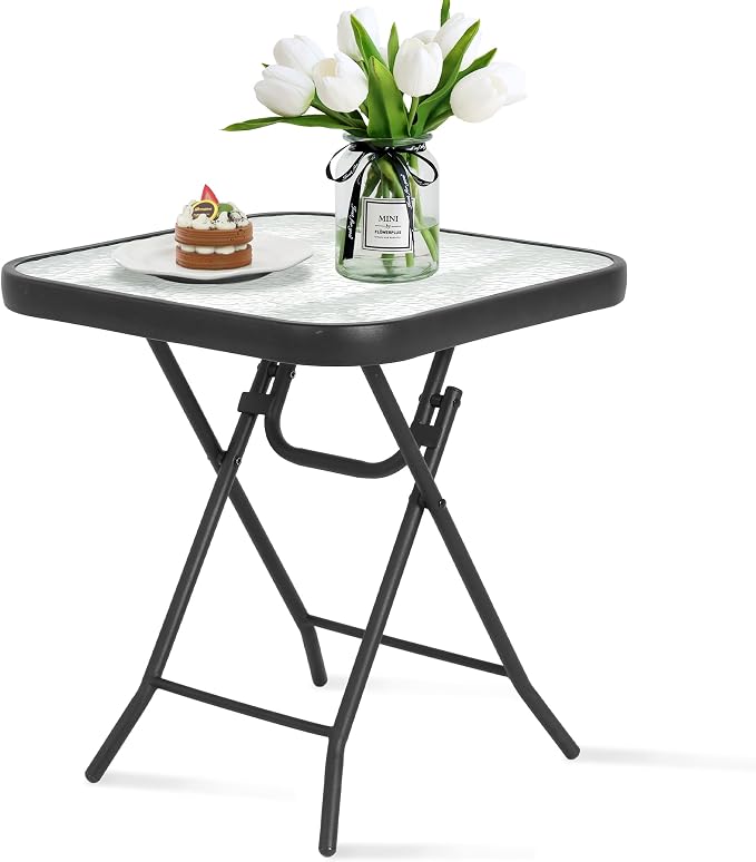 HOMEFUN Outdoor Side Tables Square Folding Patio End Table with Tempered Glass Tabletop, Portable Bistro Coffee for Porch Yard, Balcony, Garden, Deck Poolside, Transparent Glass