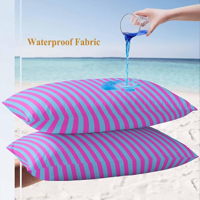 Lumbar Pillow Covers 20x12 Inch Set of 2, Purple Striped Waterproof Outdoor Cushion Covers, Geometric Pink Vertical Solid Rainbow Decorative Pillowcases for Couch, Sofa, Bed, Garden, Patio