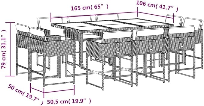 11 Piece Patio Dining Set Gray Poly Rattan with Cushions for Garden Backyard or Patio