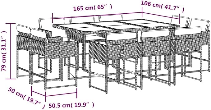 11 Piece Patio Dining Set with Cushions Gray Poly Rattan Outdoor Table and 10 Folding Chairs Acacia Wood Top for Garden Backyard Deck Entertaining UV Proof 242.5 lb Capacity