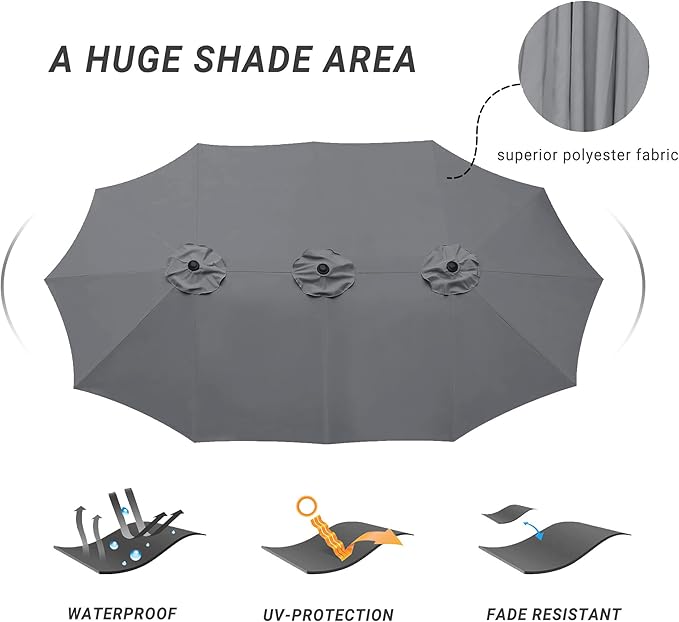 15ft Patio Umbrella with Base, 10-Year-No-Fade Large Outdoor Double-Sided Market Umbrella with UPF50+Terylene Polyester Fabric and Crank for Poolside Garden Deck Backyard Beach Pools