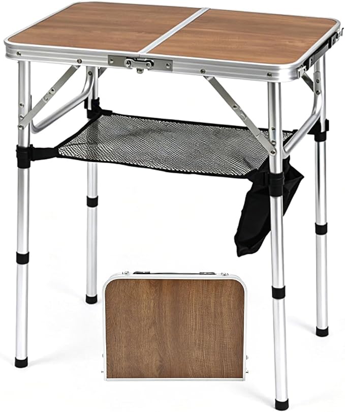 Small Folding Camping Table, 2ft Portable Picnic Table Aluminum 24" x 16" Folding Table, 3 Adjustable Heights Portable Lightweight Table Dining Table for RV, Picnic, Beach (Wood Pattern)
