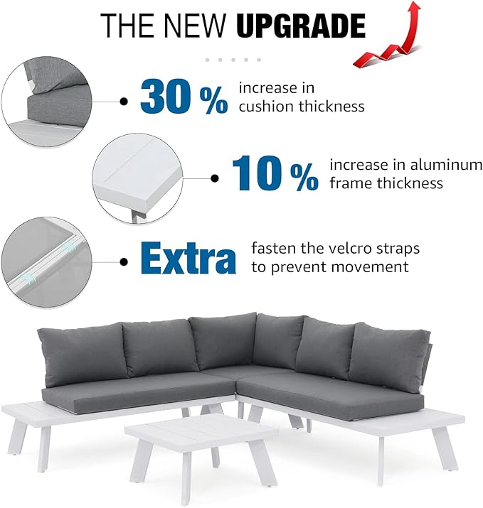 Soleil Jardin 4-Piece Outdoor Patio Furniture Set L-Shaped Aluminum Sectional Sofa with Coffee Table All-Weather Patio Conversation Set with Cushions, White