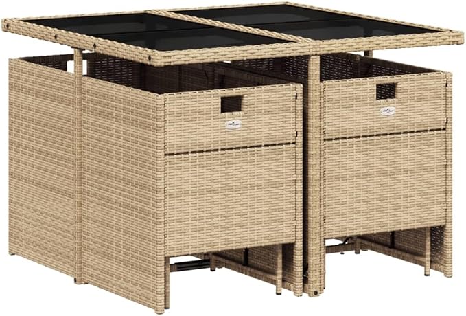 9 Piece Patio Dining Set with Cushions Beige Poly Rattan Outdoor Furniture Table Chairs Stools Foldable Space Saving Tempered Glass Top UV Proof for Garden Backyard Porch