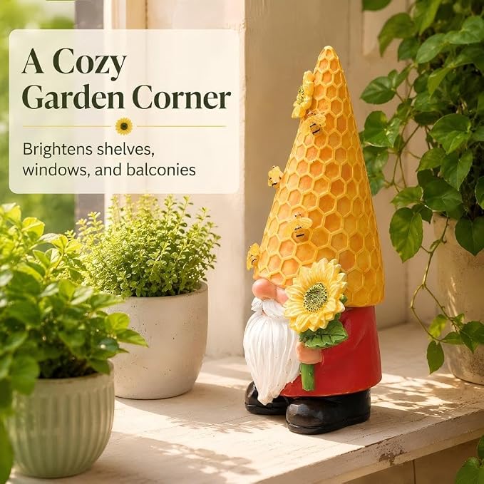 12.3''Garden Sunflower Gnomes Outdoor Statues Clearance for Garden Decor with Solar Bee Lights,Summer Decorations Gnomes Outside Decor - Gifts for Mom Woman,Yard Art Ornament for Patio Lawn