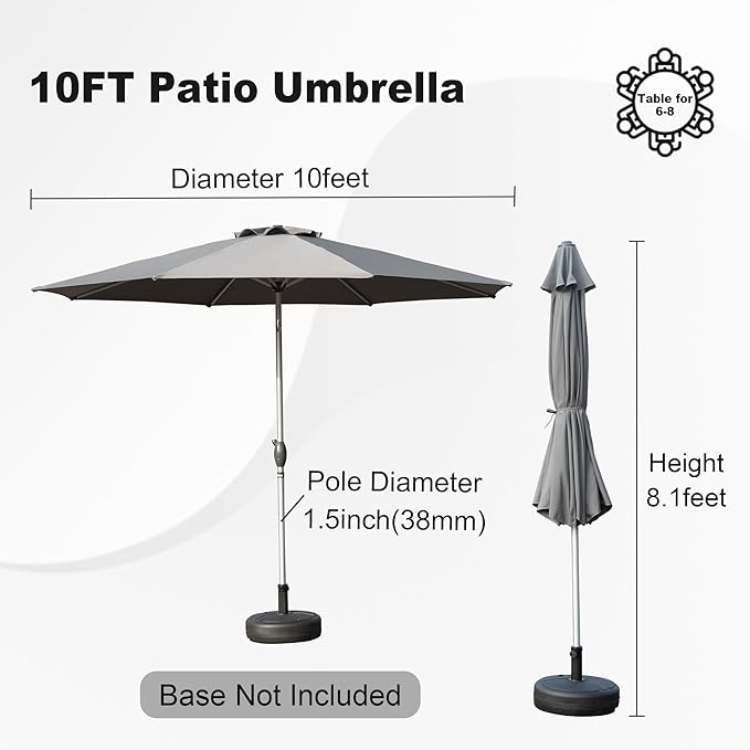 Domi 10FT Patio Umbrella, Outdoor Table Umbrella with Aluminum Pole, UV Protection Waterproof Market Sun Umbrella with Push Button Tilt and Crank for Garden, Deck, Backyard, Pool (Gray)