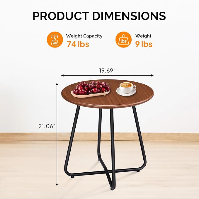 Outvita Indoor and Outdoor Side Table, Small Patio Side Table, Metal Round Portable Waterproof Weather Resistant End Table for Patio, Garden, Balcony, Yard, Wood Grain Color, Set of 2