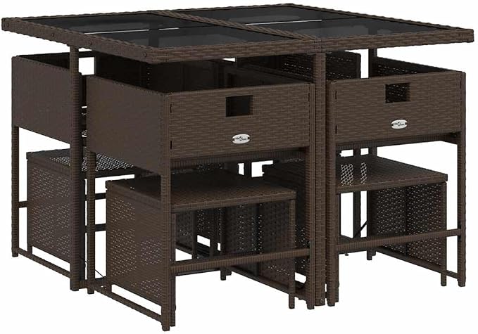 9 Piece Patio Dining Set with Cushions Brown Poly Rattan Outdoor Rattan Furniture Set with Folding Chairs, Space-Saving Design, Glass Tabletop for Garden Backyard Poolside Entertaining, 242. 5 lb