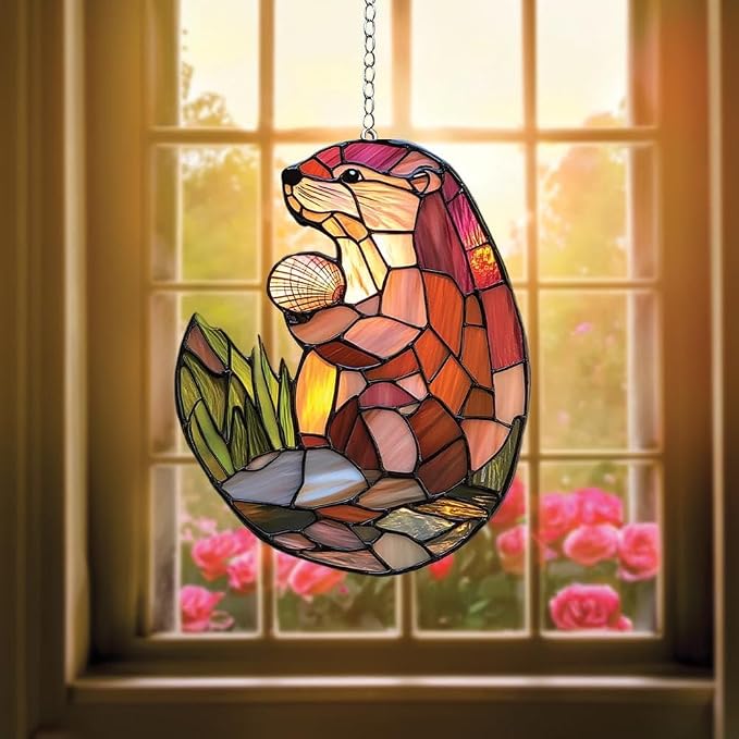 Couple Otters Acrylic Suncatcher, Boho Suncatchers for Window Hanging Ornament, Stained Glass Effect Art Garden Decor for Otter Lover, Gifts for Mother's Day, Mom, Grandma, Wife, Women, Nana