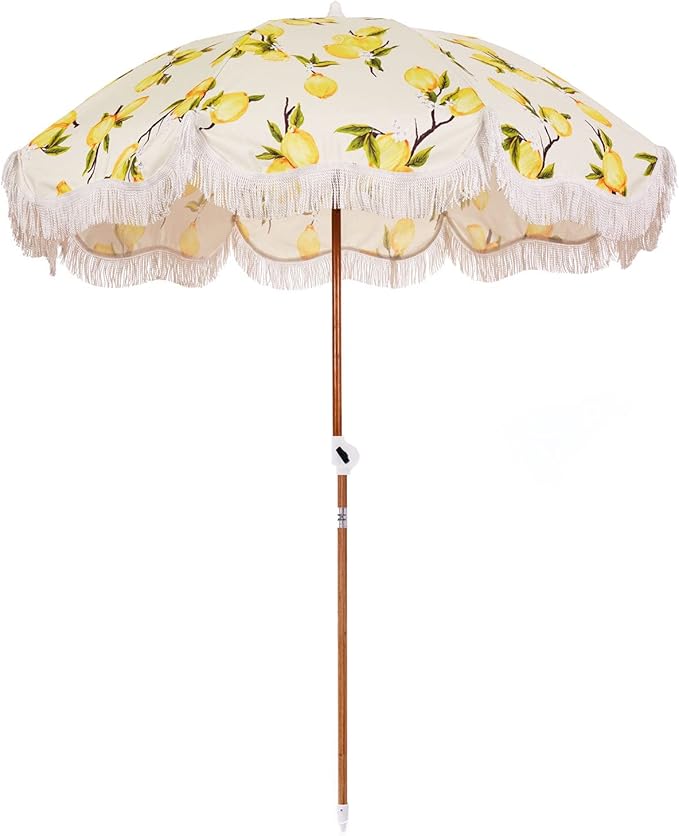 Business & Pleasure Co. Holiday Umbrella - Boho Beach Umbrella with White Fringe, UPF 50+, 1" Tilting Wood Pole, 5’ x 6.5’, Vintage Lemons