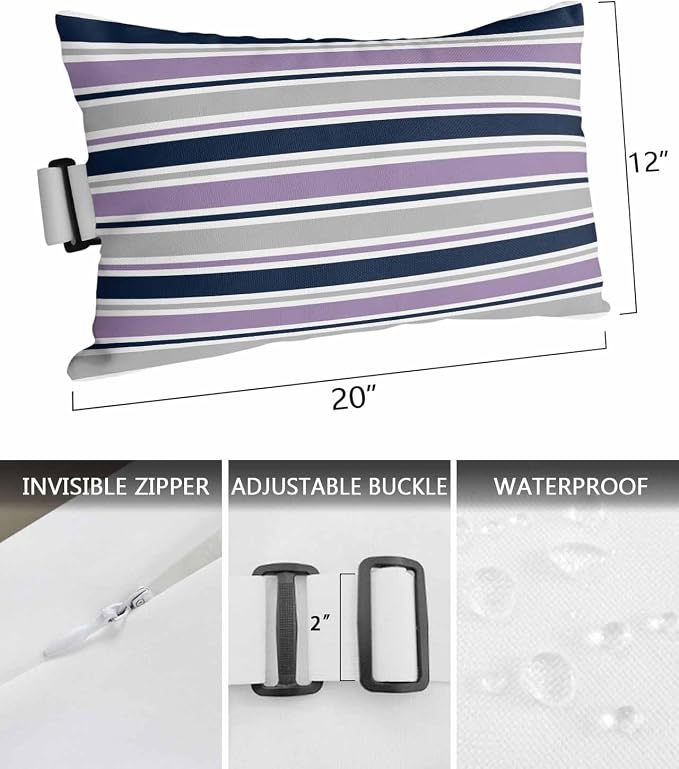 Pack of 2 Outdoor Lumbar Pillow Covers 12x20 Inch, Purple Grey Striped Waterproof Throw Pillow Covers Set, Farmhouse Stripes Modern Abstract Art Outside Decorative Cushion Cases for Patio Porch Car