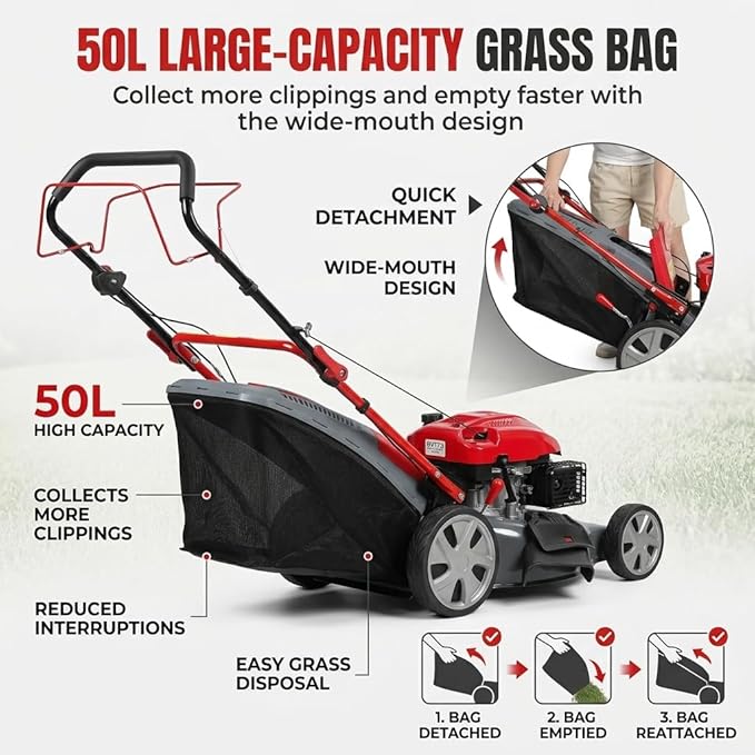 173cc Gas Lawn Mower, Self-Propelled Rear Wheel Drive, Adjustable 3-Speed Settings, 20" Cutting Width, 60L Grass Catcher, Ideal for Large Lawns, Easy Start & Efficient Grass Collect Red