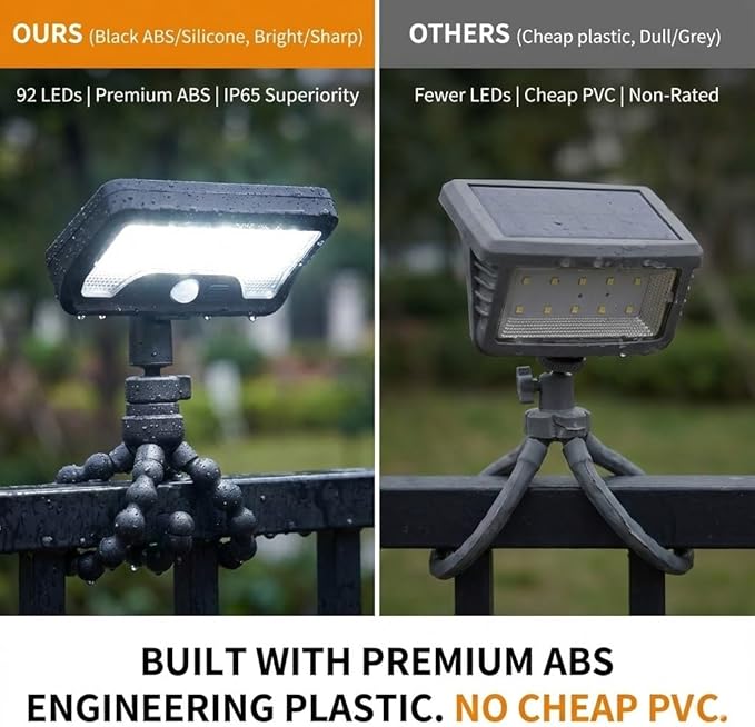 Solar Lights Outdoor, 92 LED Motion Sensor Security Light with Flexible Octopus Tripod & Heavy Duty Clip, 600LM Waterproof Solar Powered Lights for Fence, Gutter, Tree, Patio (2 Pack)