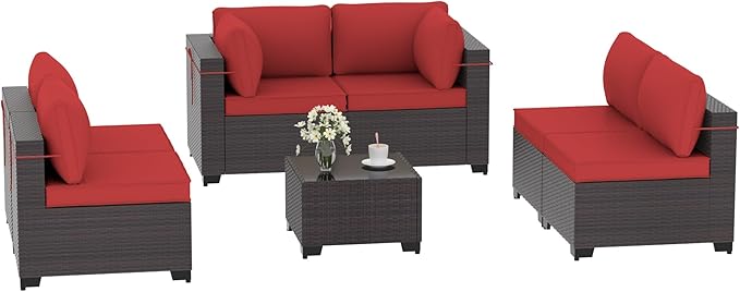 Patio Furniture Set 7PCS Outdoor Furniture for Backyard Sectional Sofa Set, Rattan Wicker Patio Conversation Set with 4 Inch Thickened Cushions and Glass Coffee Table, Red