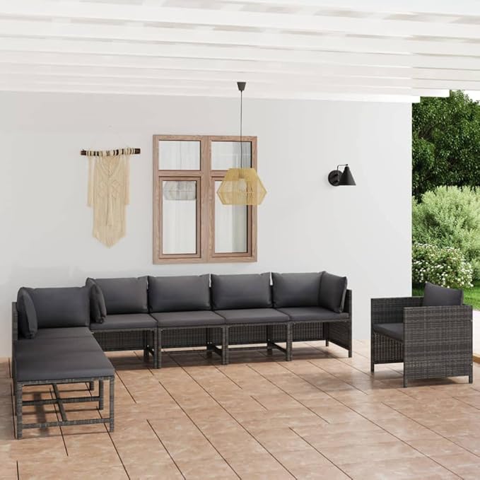 8-Piece Modular Patio Furniture Set Grey Square PE Rattan Outdoor Sectional Couch with Cushions 23.6 x 23.6 x 23.6 in Durable Steel Frame for Terrace Balcony Garden