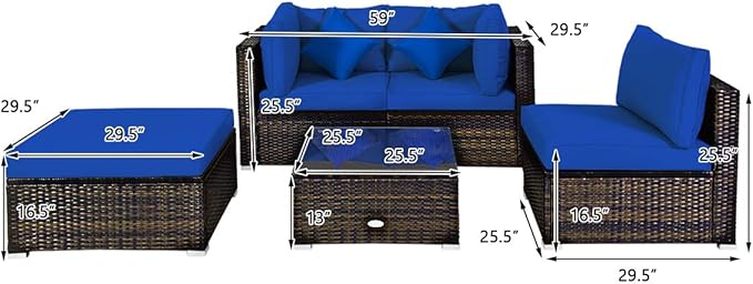 COSTWAY 5-Piece Outdoor Patio Furniture Set, Glass Top Coffee Table and Lounge Sofa with Cushions, PE Rattan Conversation Set for Garden, Deck, Backyard (Navy)