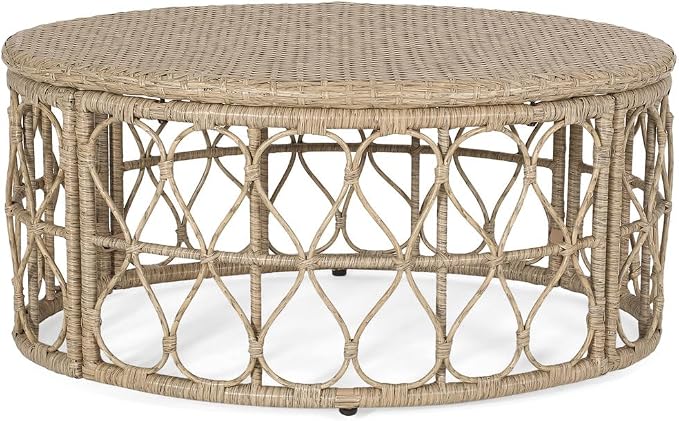 Outdoor Wicker Coffee Table, Circular Rattan Patio Table with Boho Design, PE Woven Outdoor Center Table for Backyard Patio Porch Deck, Durable All-Weather Frame, 32.5" Wide